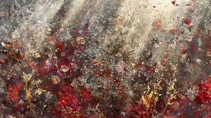 Abstract painting, featuring a mix of colors, textures, and elements, evoking a sense of depth and vibrancy.