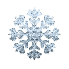 Transparent&nbsp;3D snowflake with glass-like effect, featuring delicate symmetrical design, frosted edges, and light refraction details against&nbsp;white background with subtle&nbsp;shadows.