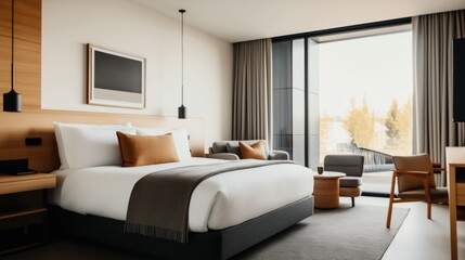 Modern hotel room with a large bed, neutral tones, decorative pillows, seating area, floor-to-ceiling window, wooden accents, and minimalistic decor.