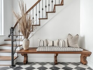 Elegant entryway featuring a wooden bench with striped cushions and decorative vase beside staircase, showcasing modern interior design.