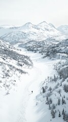 Obraz premium A lone hiker traverses a vast snowy landscape surrounded by majestic mountain ranges under a clear sky.