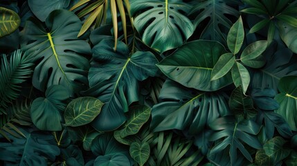 Fototapeta premium Dark green tropical leaves on a fresh flat background: Nature-themed flat lay