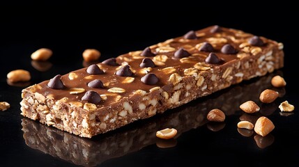 Artfully styled granola bar with chocolate chips, oats, and nuts photographed on black marble background with soft natural lighting and macro detail focus.
