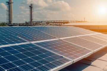 Solar Panels on Rooftop with Industrial Background Under a Bright Sky and Warm Sunlight, Representing Renewable Energy and Sustainable Development