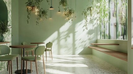 Sunlit green cafe interior with plants, tables, and chairs.