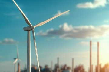 Fototapeta premium A Close-Up View of a White Wind Turbine Against a Blue Sky with Soft Clouds and Industrial Silhouettes in the Background Highlighting Renewable Energy Solutions