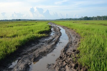 Naklejka premium Serene Landscape of Marshy Terrain with Lush Green Grass and Water Channels Under a Blue Sky with Fluffy White Clouds at Dusk