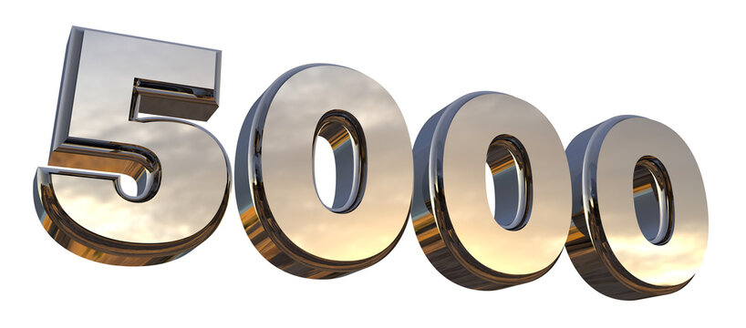 Isolated Number 5000 or Five Thousand in Silver or Steel Metallic on White Background, 3D Render Illustration.