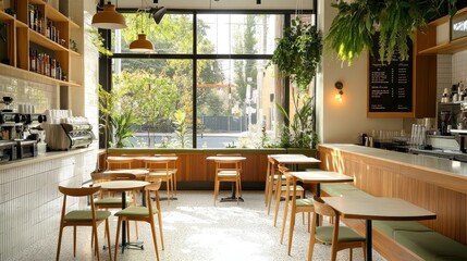 Obraz premium Sunny cafe interior with wooden furniture, plants, and large window.