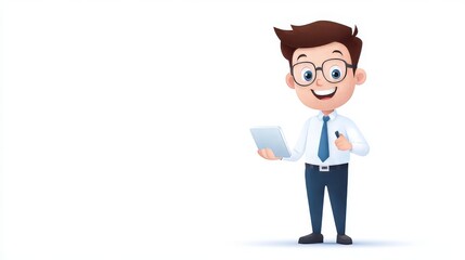 Cartoon Businessman Engaging in Activity with Smile and Tablet