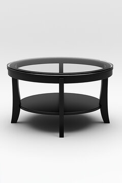 table basse contemporaine &eacute;l&eacute;gante avec un plateau en verre rond et des pieds en m&eacute;tal noir, minimaliste, fond blanc, d&eacute;coration, objet 3D r&eacute;aliste, HDR, photographie de studio, d&eacute;coration, tendance