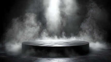 Mysterious Dark Platform in Foggy Setting, Dramatic Lighting