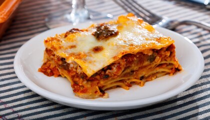  Piece of tasty hot lasagna on a plate. Tradishional Italian food