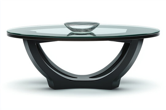table basse contemporaine &eacute;l&eacute;gante avec un plateau en verre rond et des pieds en m&eacute;tal noir, minimaliste, fond blanc, d&eacute;coration, objet 3D r&eacute;aliste, HDR, photographie de studio, d&eacute;coration, tendance
