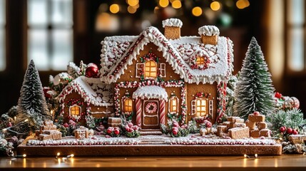 Fototapeta premium A beautifully decorated gingerbread house is placed on an elegant wooden table