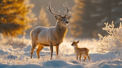 Obraz premium A graceful deer stands protectively beside its fawn in a snowy, sunlit forest, creating a picturesque winter scene.
