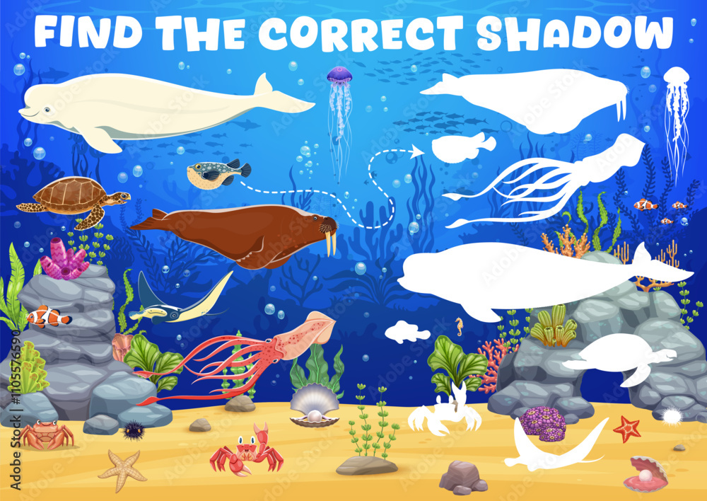 Aufkleber kids game to find correct shadow of sea animals in underwater, vector quiz worksheet. puzzle game to