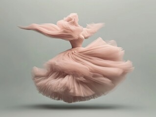 Abstract swirling fabric shape floating in mid-air, resembling a female dancer. Motion, pastel pink fashionable background.