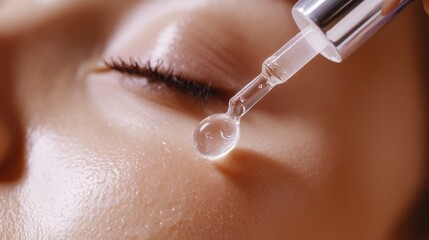 Close-up of a person's face with a dropper applying a clear liquid to their eye