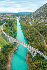 Aerial view of Solkan Bridge - the world's longest stone arch railroad bridge over the Soca River near Nova Gorica in western Slovenia.