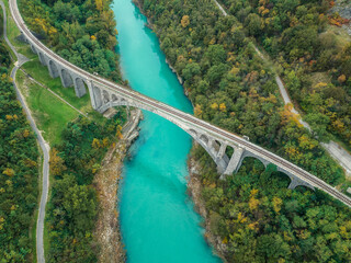 Aerial view of Solkan Bridge - the world's longest stone arch railroad bridge over the Soca River near Nova Gorica in western Slovenia.