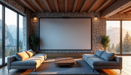 Modern living room with stone walls, wooden beams. Two comfortable sofas face large LED projector screen. Coffee table sits between sofas. Warm, inviting atmosphere. Enjoyable movie night in cozy
