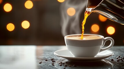 Obraz premium White coffee cup with a white saucer is being poured with coffee. The steam from the coffee is rising and the cup is almost full. Concept of warmth and comfort