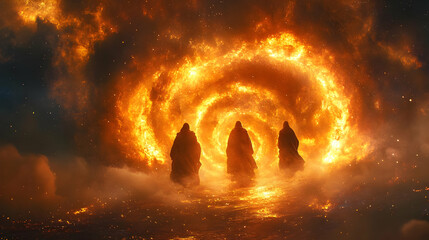 Obraz premium Figures Approach Fiery Vortex, Mystical Realm Awaits