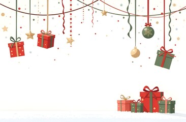 An illustration depicting the Christmas atmosphere: gifts, balloons, stars, confetti.