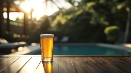 Refreshing pint of beer by a poolside at sunset.