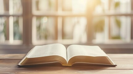 A close-up of an open Bible on a wooden table, sunlight gently shining on the pages, focuses attention on the sacred text. The scene is quiet and contemplative