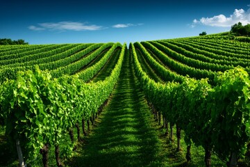 Fototapeta premium Expansive Vineyard with Neatly Aligned Grapevines Under a Clear Blue Sky in the Countryside