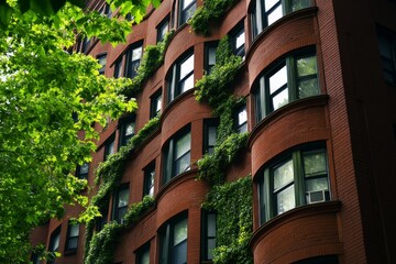 Naklejka premium Urban Residential Building with Red Brick Facade and Lush Green Ivy Growing on Windowsills