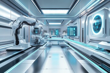 Fototapeta premium Futuristic automated greenhouse with robotic arms tending to plants, showcasing advanced technology for sustainable agriculture and indoor farming innovation