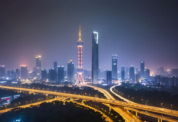 Fototapeta premium Aerial photography of modern architectural landscapes at night