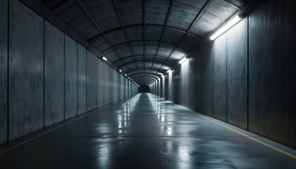 Empty underground tunnel. Modern dark corridor with grey walls, led lights. Perspective view of warehouse garage interior. Grungy concrete texture. Minimalist design. Industrial vibe. Empty space.