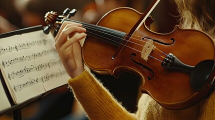 Fototapeta premium A close-up of a young woman playing a violin, focused on her technique, with sheet music visible in the background.