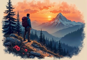 Obraz premium Illustration of a hiker with a backpack watching the sunset over a mountain landscape with copy space 