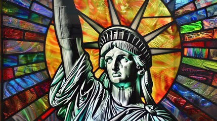 Statue of Liberty in a stained glass window in New York City