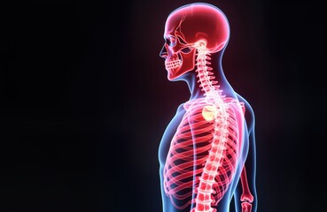 Digital illustration shows human skeleton torso with detailed anatomy. Visible spine chest bones, shoulder blade. Medical illustration shows musculoskeletal system. Transparency highlight bone