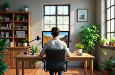 Man working at home office desk. Pro person sits at wooden desk in home office. Modern interior design with plants. Remote work concept. Digital work in progress. Relaxing, productive home