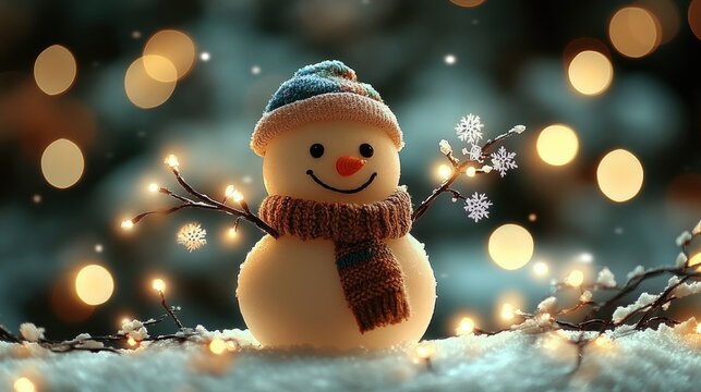 A snowman sits at the table, wearing red and white with Christmas decorations on them