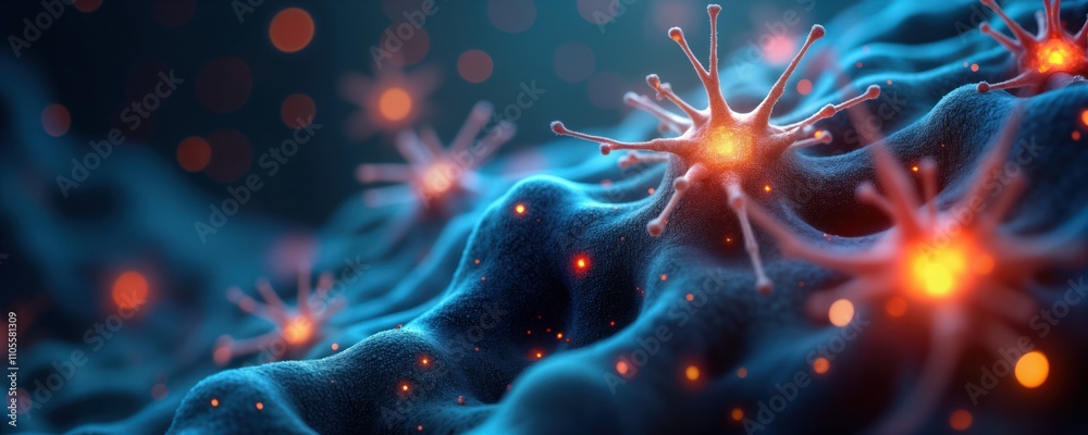 Poster complex biological elements, neural networks seen in scientific photo. microscopic structures with g
