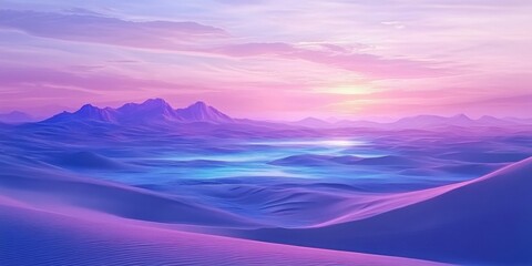 Surreal Desert Sunset Purple Sand Dunes Misty Oasis Mountains