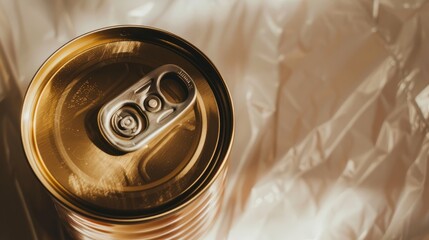 A close-up of a single, unopened canned food item with a label indicating a recall notice, placed on a clean, white background with copy space for text. The can is slightly tilted, emphasizing the lab