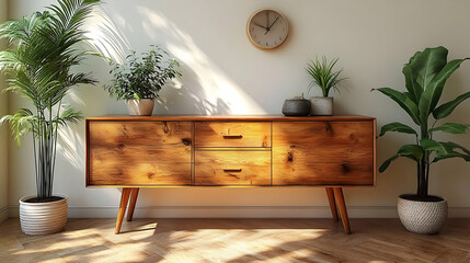 Mid Century Modern Wood Cabinet Decorated with Plants in Sunlight