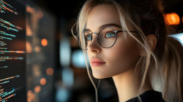 Woman in Glasses Reviews Code, Concentrates Deeply on Screen, Night Focus