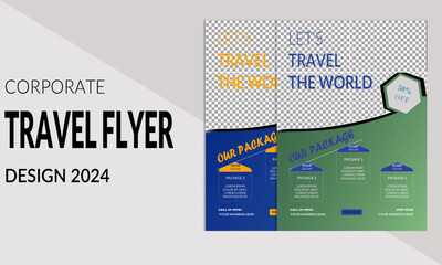 Fototapeta premium Travel company business promotion flyer template in different color. Travelling poster with tour agency logo. Summer holiday travel banner design. Creative & modern tourism offer marketing flyer.....
