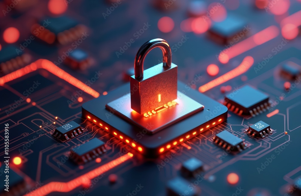 Poster digital lock icon sits on tech circuit board. secure data protection symbolized by tech element. ele