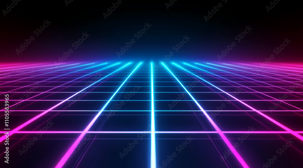 Poster colorful neon grid landscape with symmetrical lines in a futuristic style over a dark background